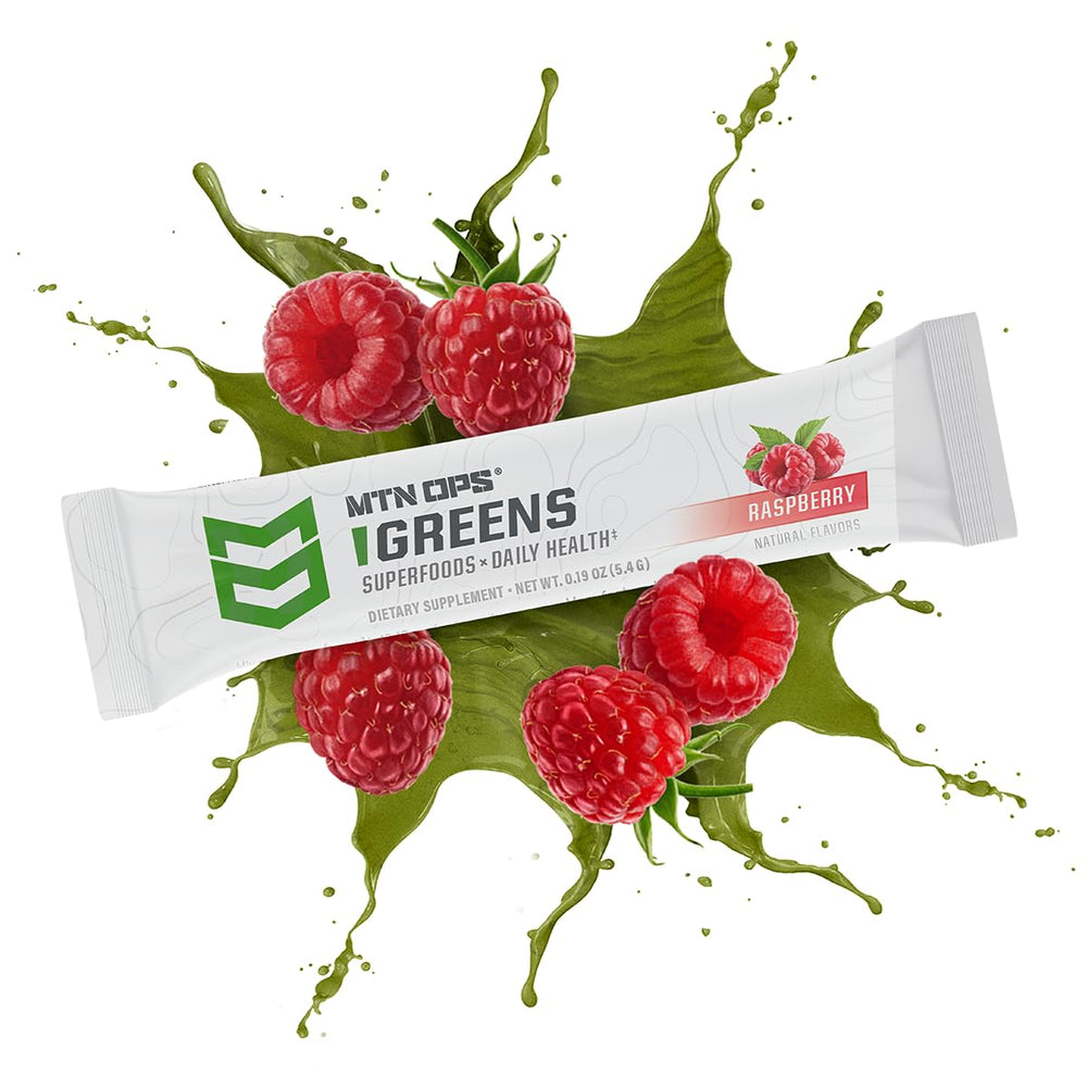 MTN OPS Super Greens ingredients label emphasizing organic and gluten-free greens.