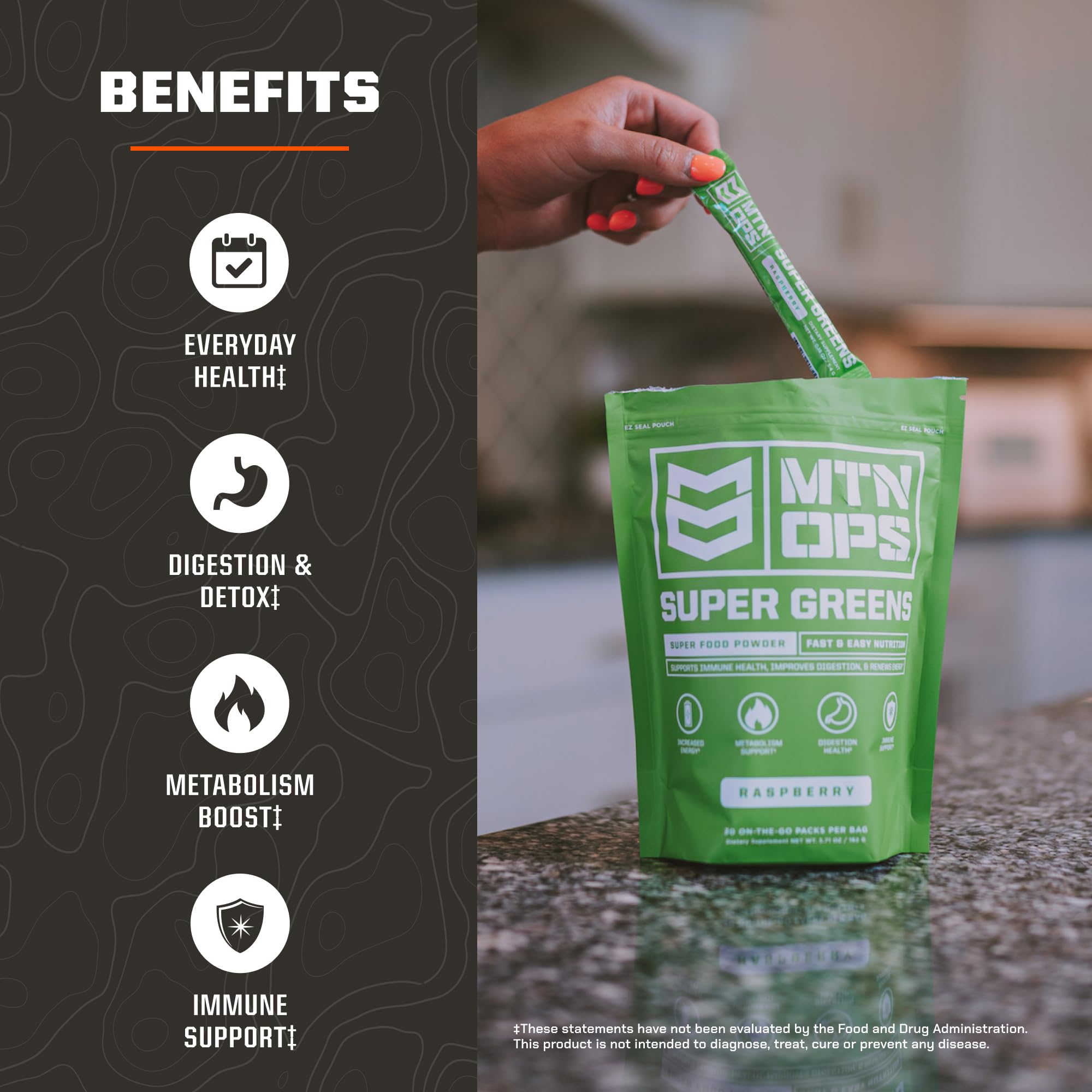 MTN OPS Super Greens raspberry flavor powder close-up with fresh aroma.