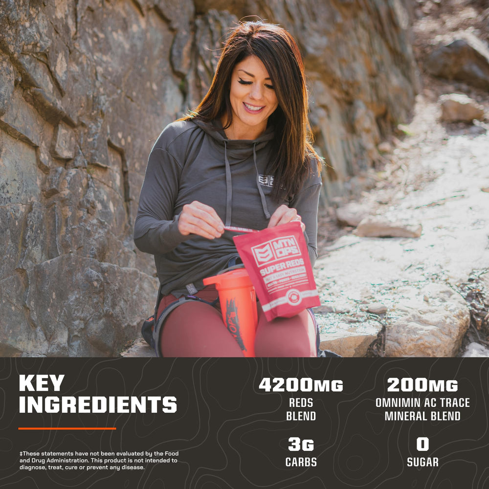 MTN OPS Super Reds phytonutrient bottle shows plant-based ingredients