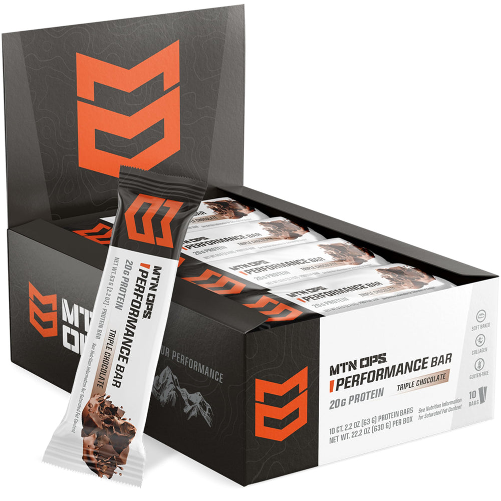 MTN OPS Triple Chocolate Mudslide bar front view, high-protein post-workout snack.
