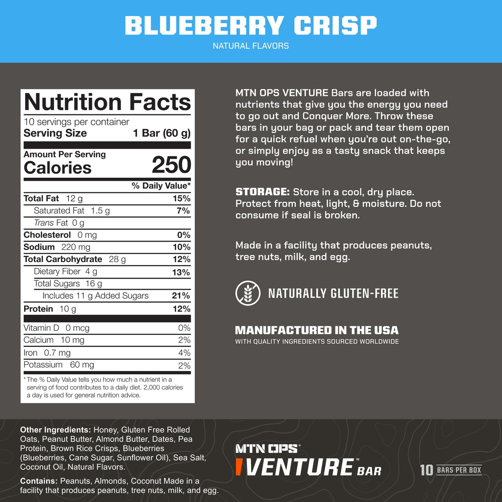 Close-up of MTN OPS Venture Bar Blueberry Crisp texture and real ingredients