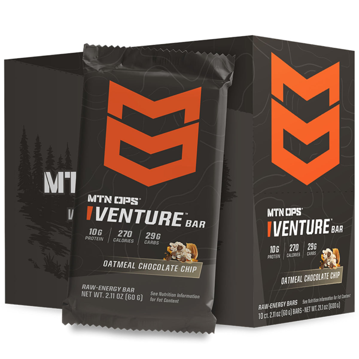 MTN OPS Venture Bar oatmeal chocolate chip pack shows gluten-free energy for active days