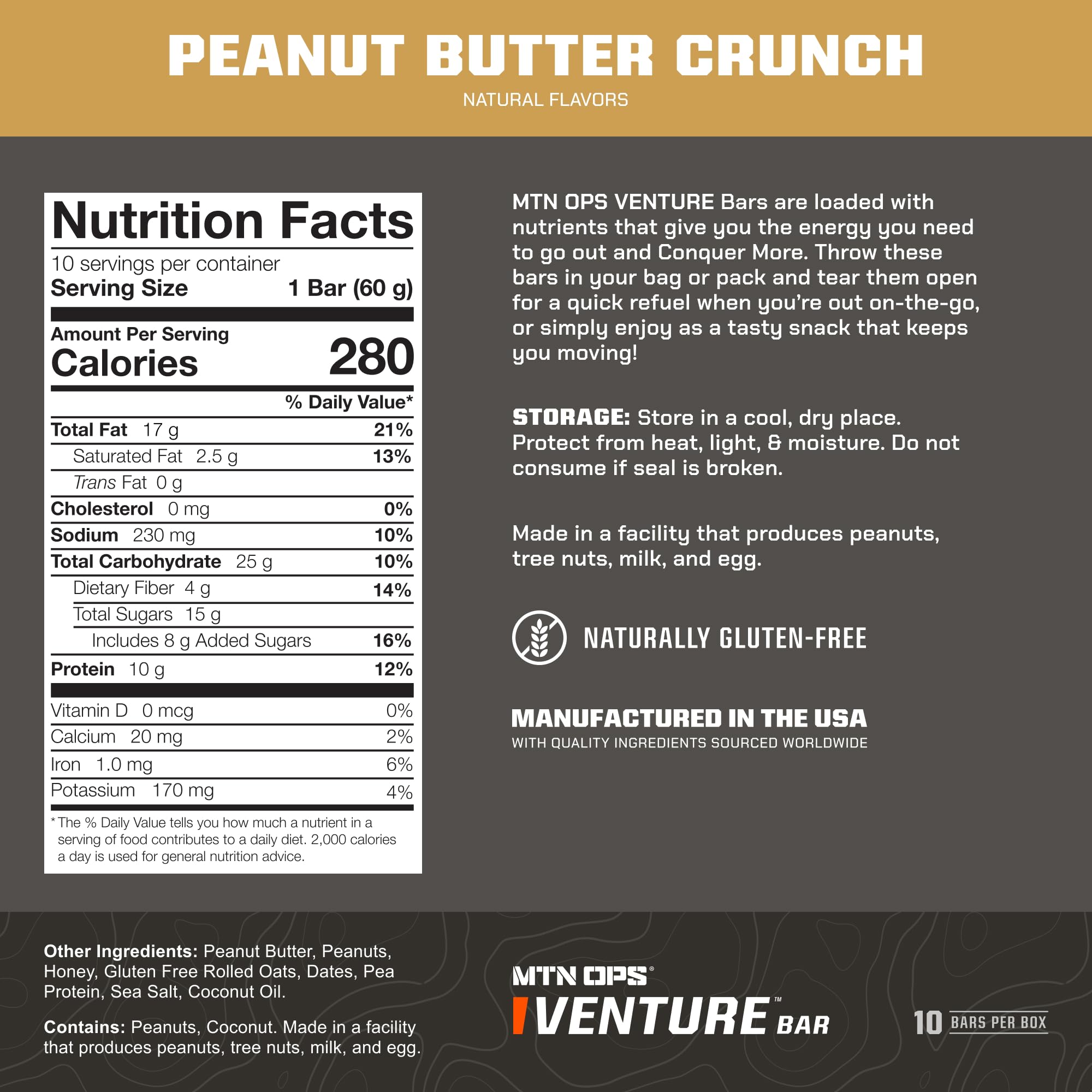 MTN OPS Venture Bar Peanut Butter Crunch close-up showing texture and protein-packed formula for workouts.