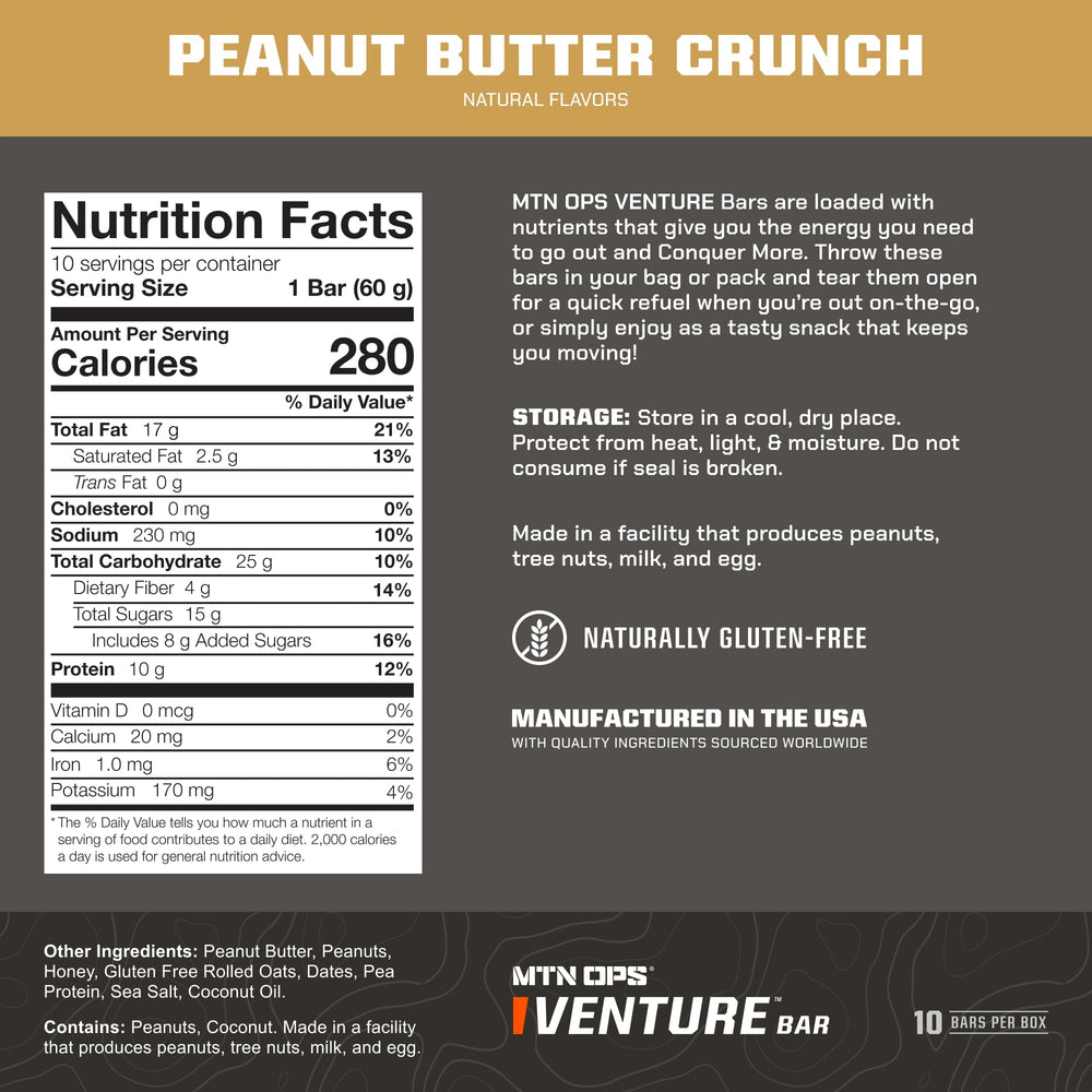 MTN OPS Venture Bar Peanut Butter Crunch close-up showing texture and protein-packed formula for workouts.