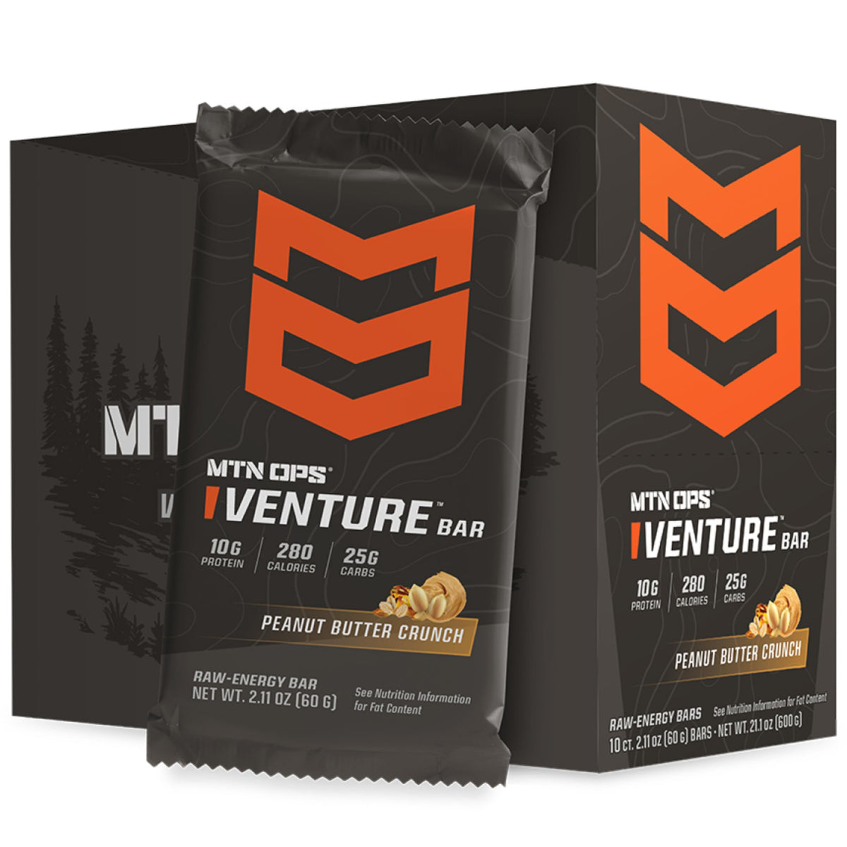 MTN OPS Venture Bar Peanut Butter Crunch front view, ideal for on-the-go energy during hikes.
