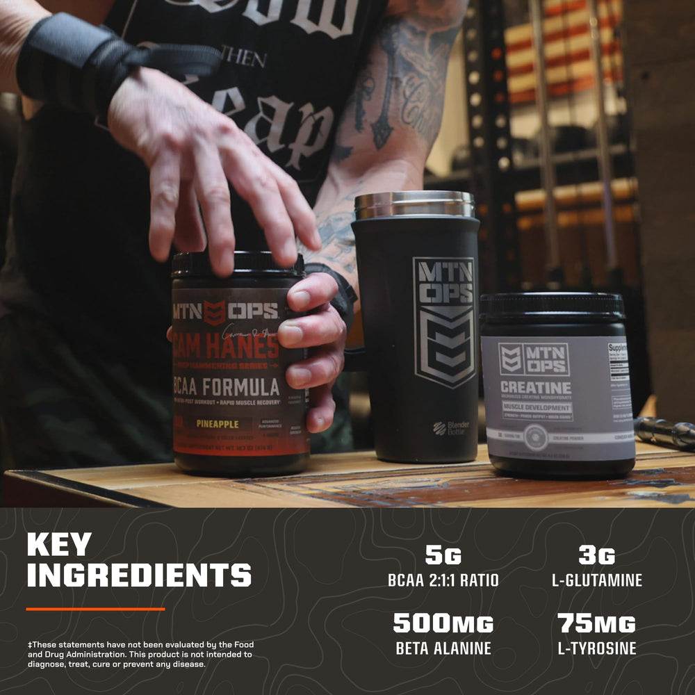 MTN OPS Keep Hammering BCAA used during a workout for continuous amino acids.