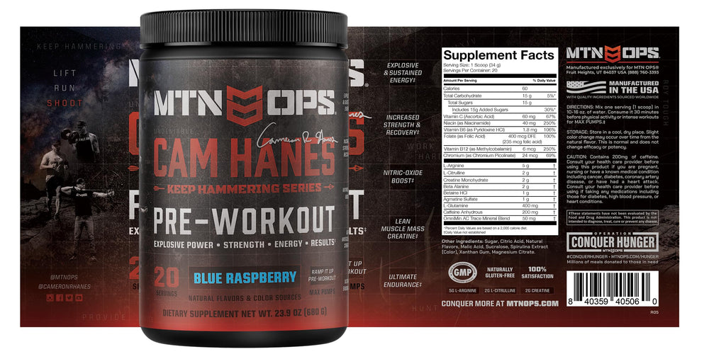 MTN OPS YETI blue raspberry scoop beside opened tub.