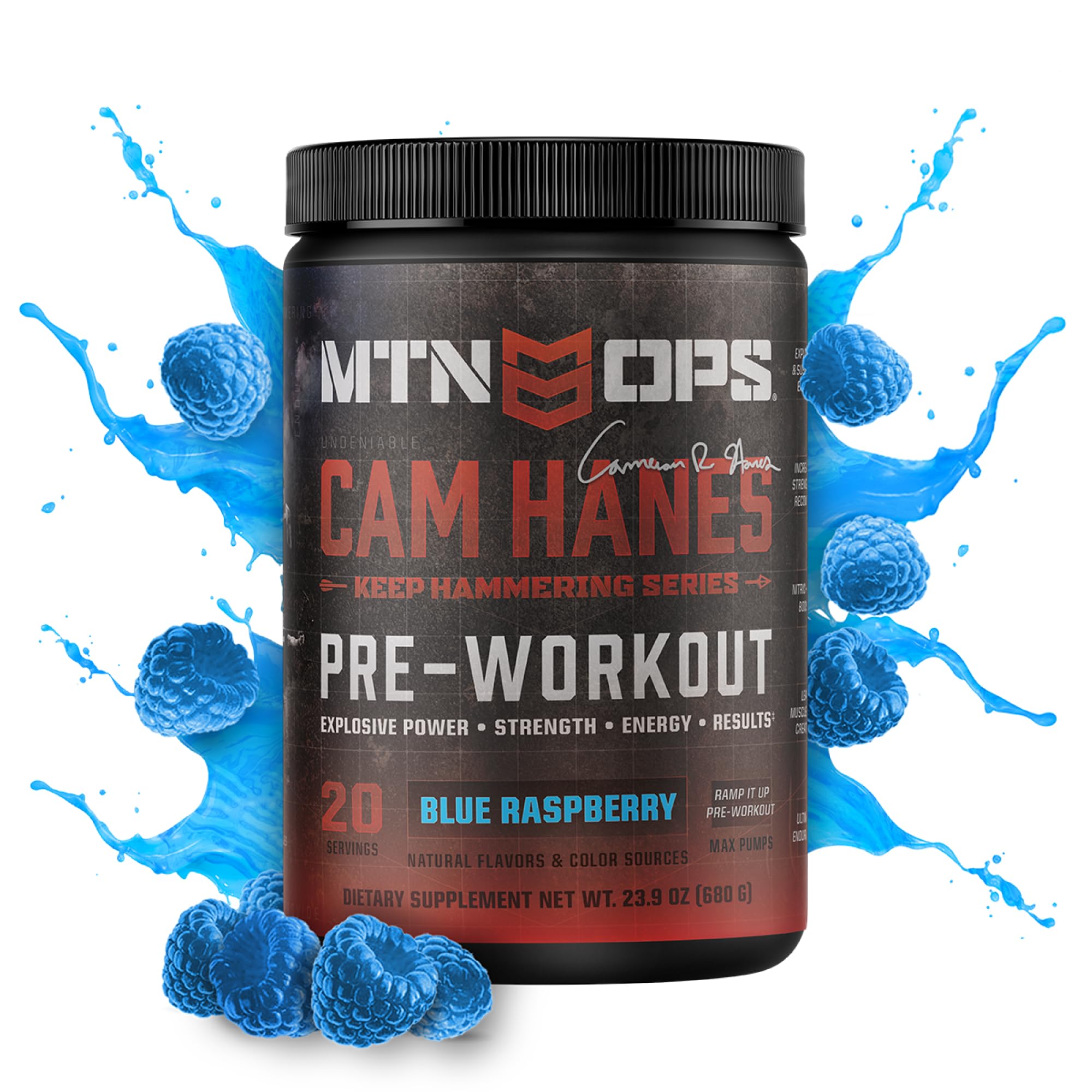 MTN OPS YETI blue raspberry powder being scooped for endurance sessions.