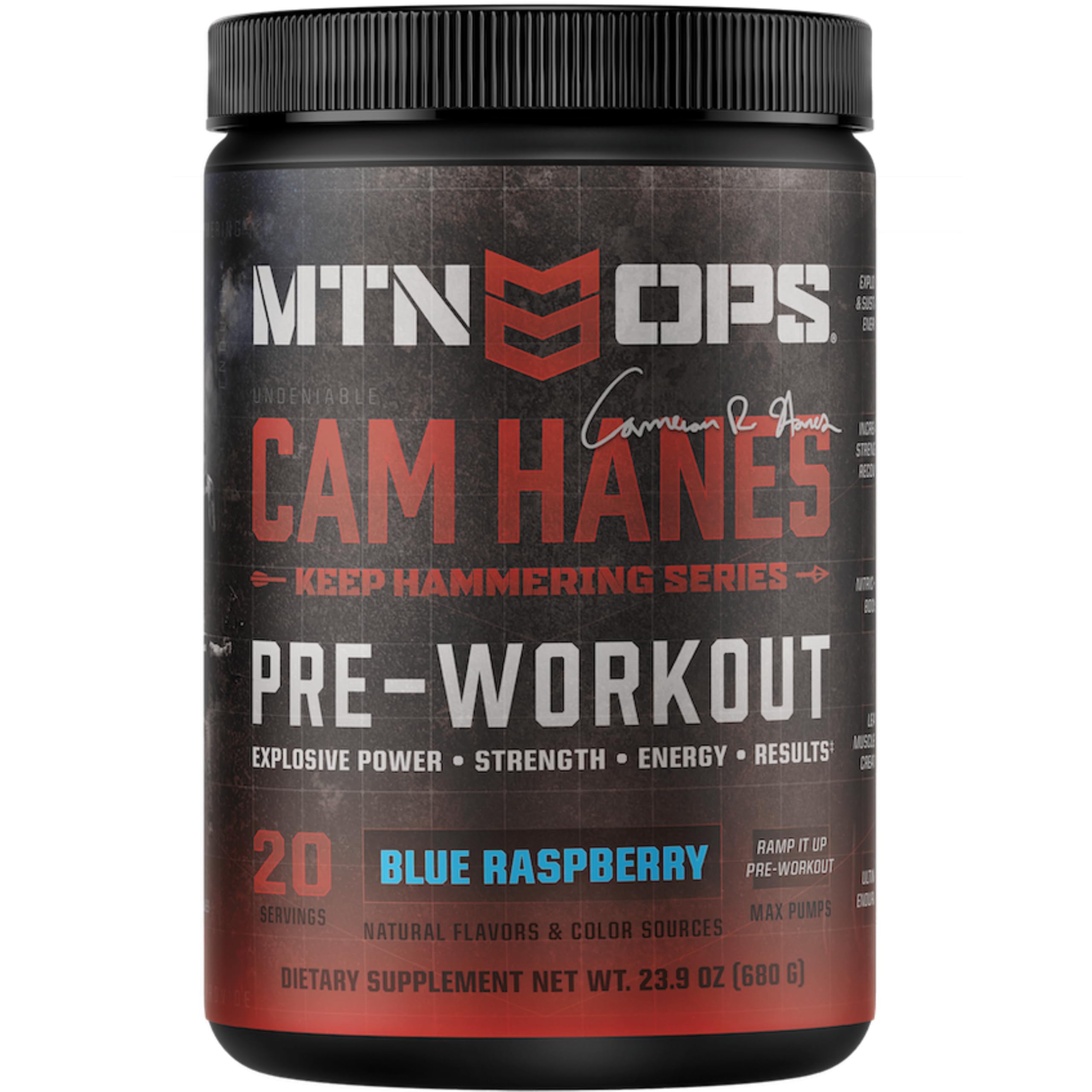 MTN OPS YETI blue raspberry tub for a pre-workout energy boost.