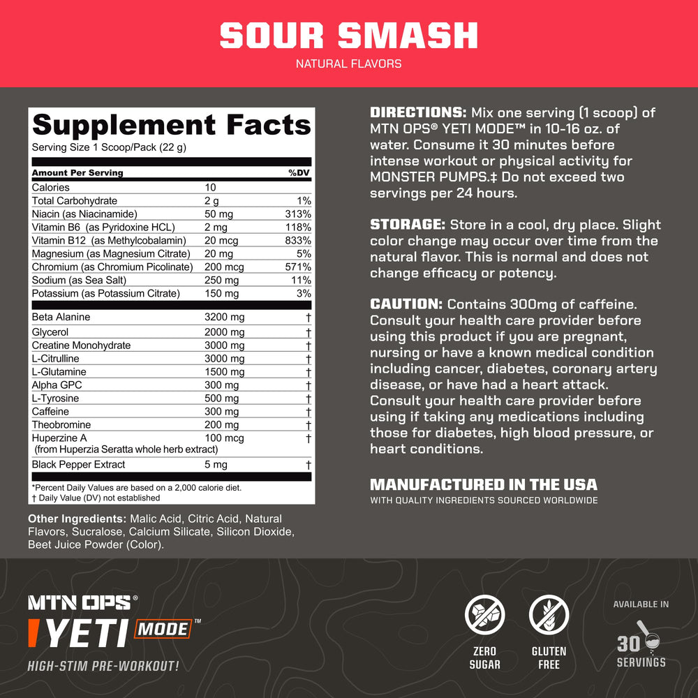 Scoop and label close-up highlighting 300 mg caffeine for focused training.