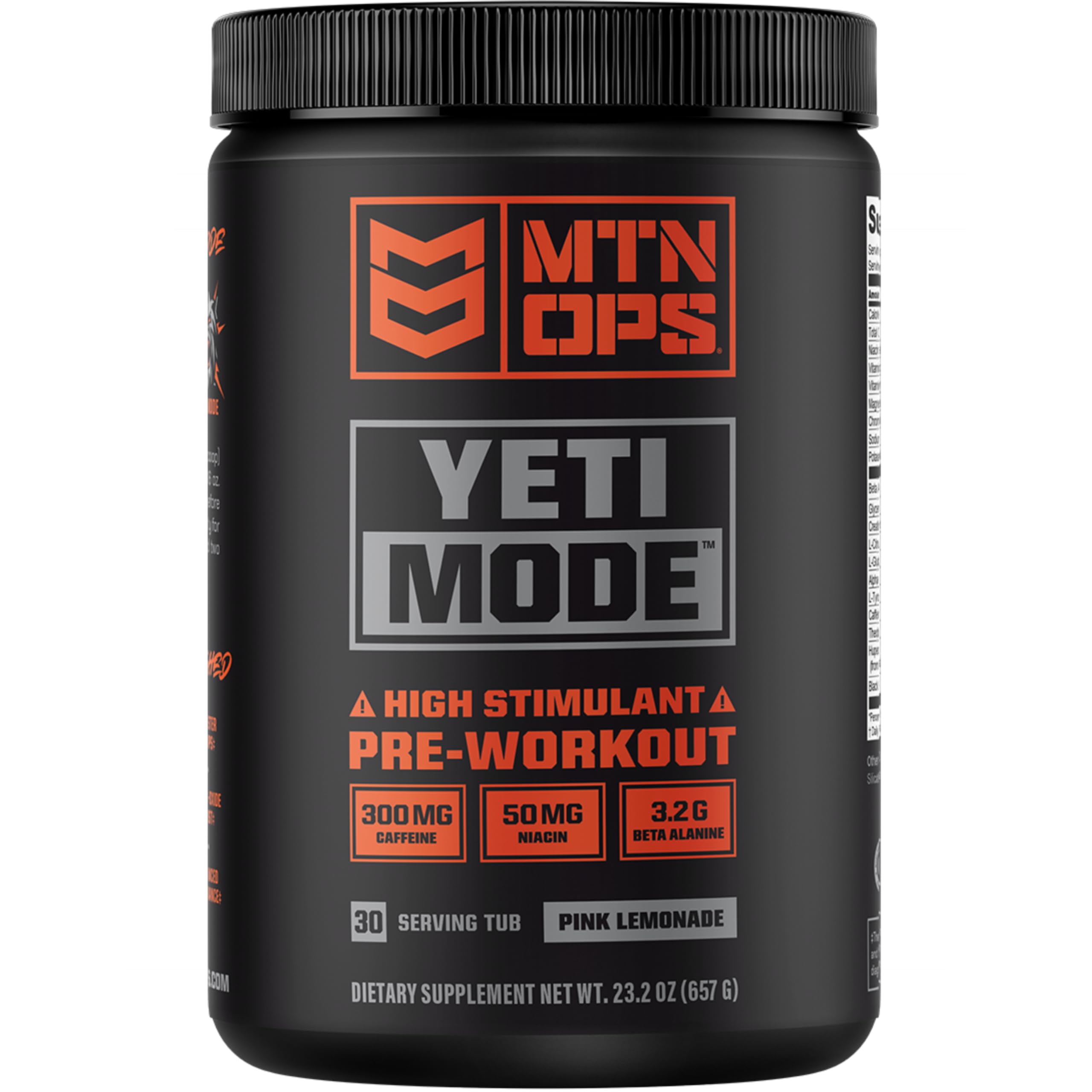 MTN OPS Yeti Mode pink lemonade powder tub showing bold flavor and energy for workouts