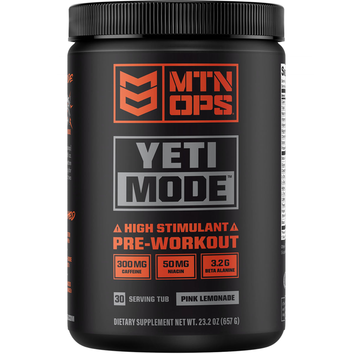 MTN OPS Yeti Mode pink lemonade powder tub showing bold flavor and energy for workouts