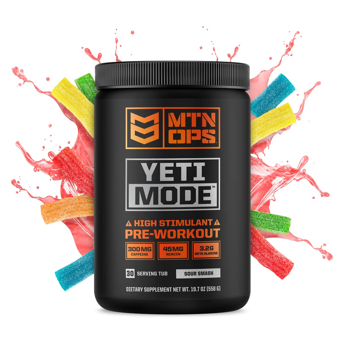 MTN OPS Yeti Mode Sour Smash flavor jar close-up for intense workouts.