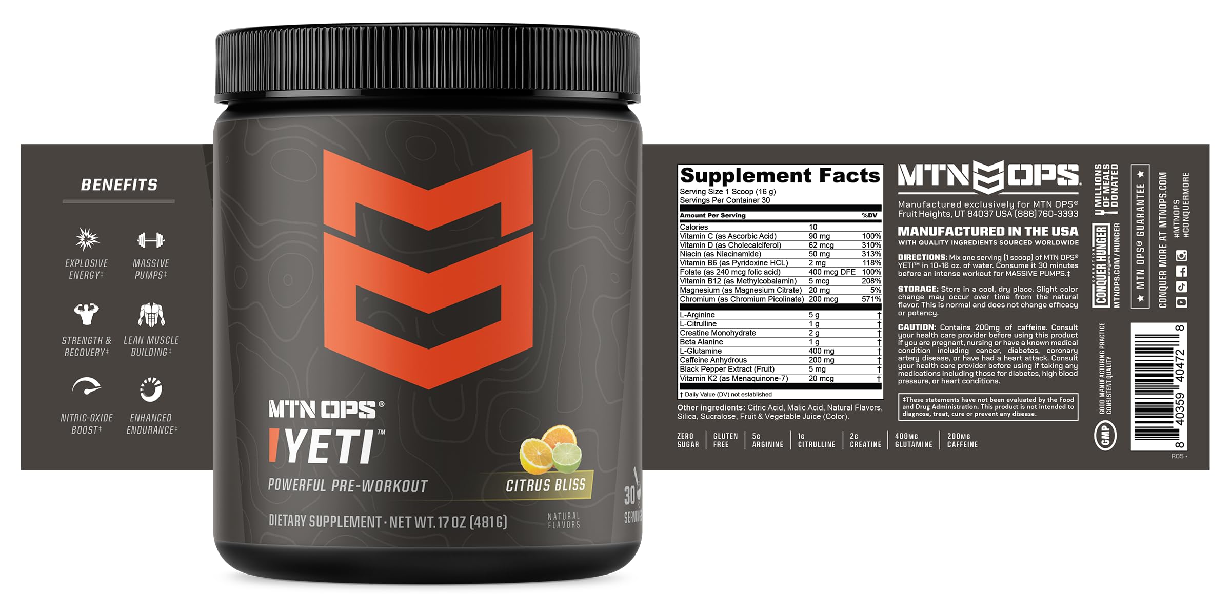 MTN OPS YETI packaging on gym bench emphasizing gluten-free formulation