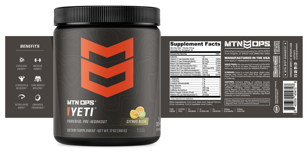 MTN OPS YETI packaging on gym bench emphasizing gluten-free formulation
