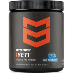 MTN OPS YETI pre-workout blue raspberry tub front view for convenient energy before training