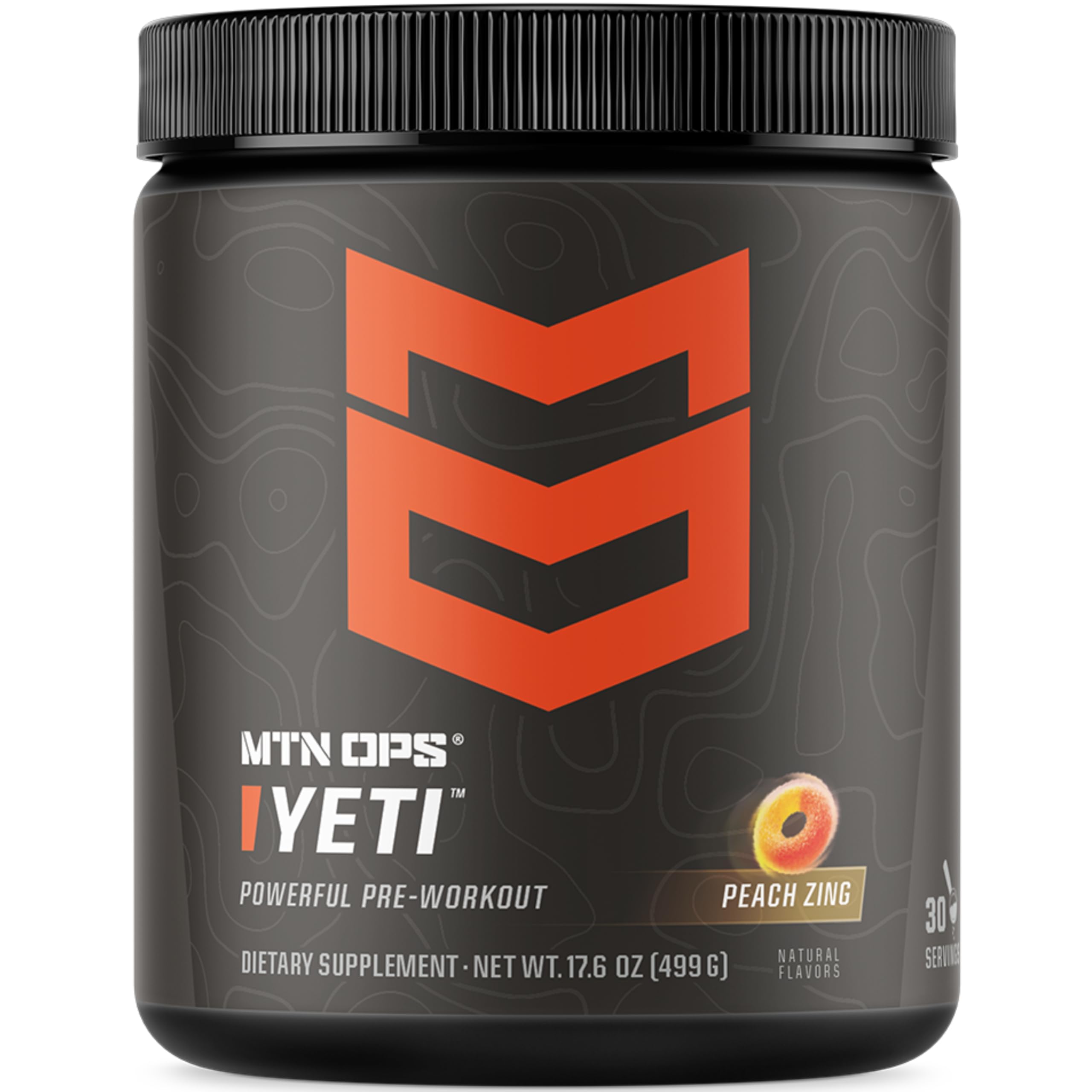 MTN OPS Yeti pre-workout bottle in peach zing flavor delivering clean energy for workouts