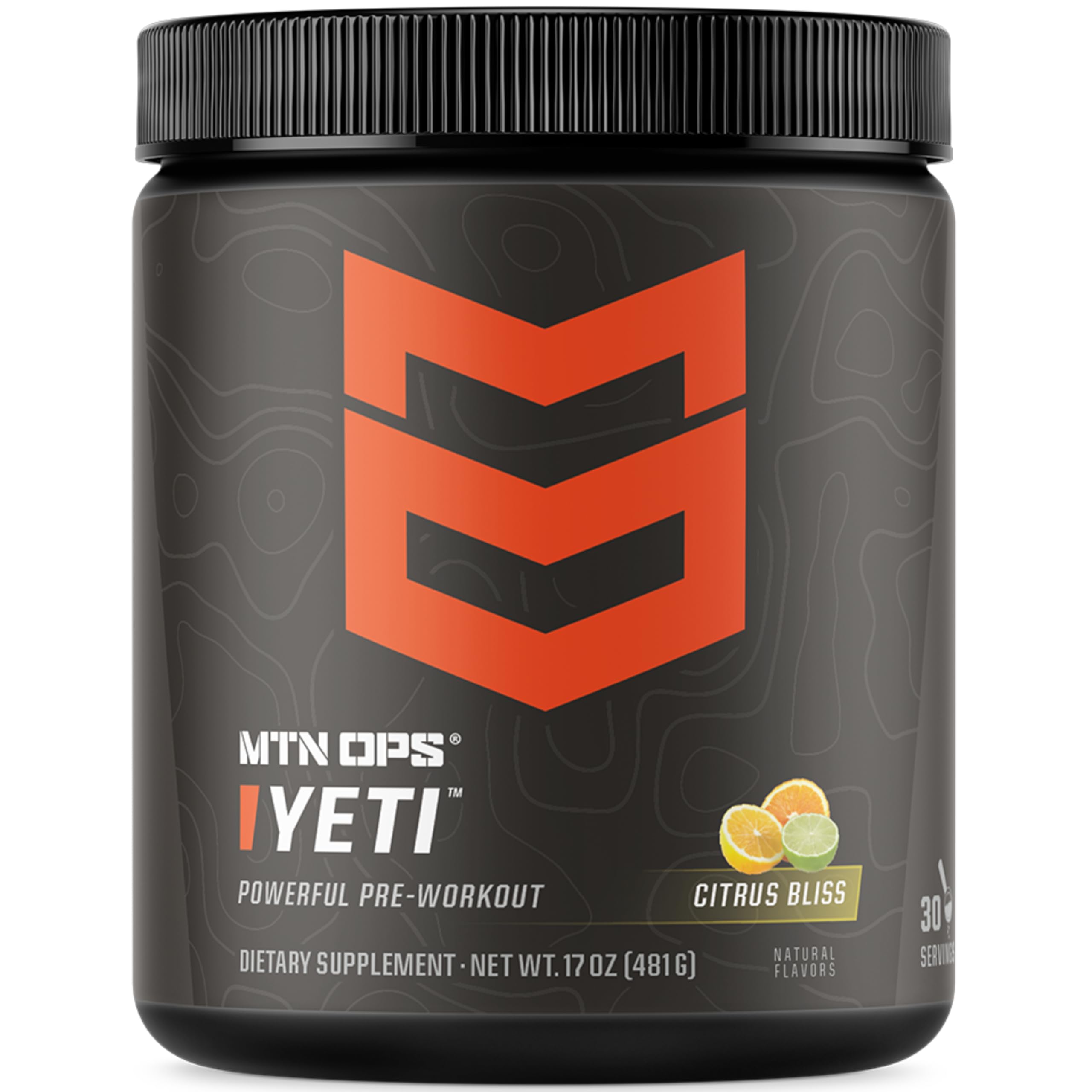 MTN OPS YETI pre-workout tub with Citrus Bliss flavor, ready for training