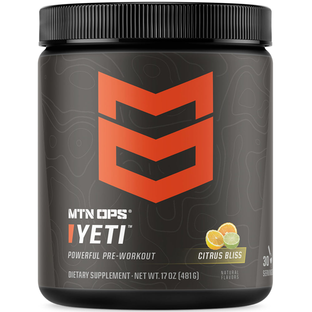 MTN OPS YETI pre-workout tub with Citrus Bliss flavor, ready for training