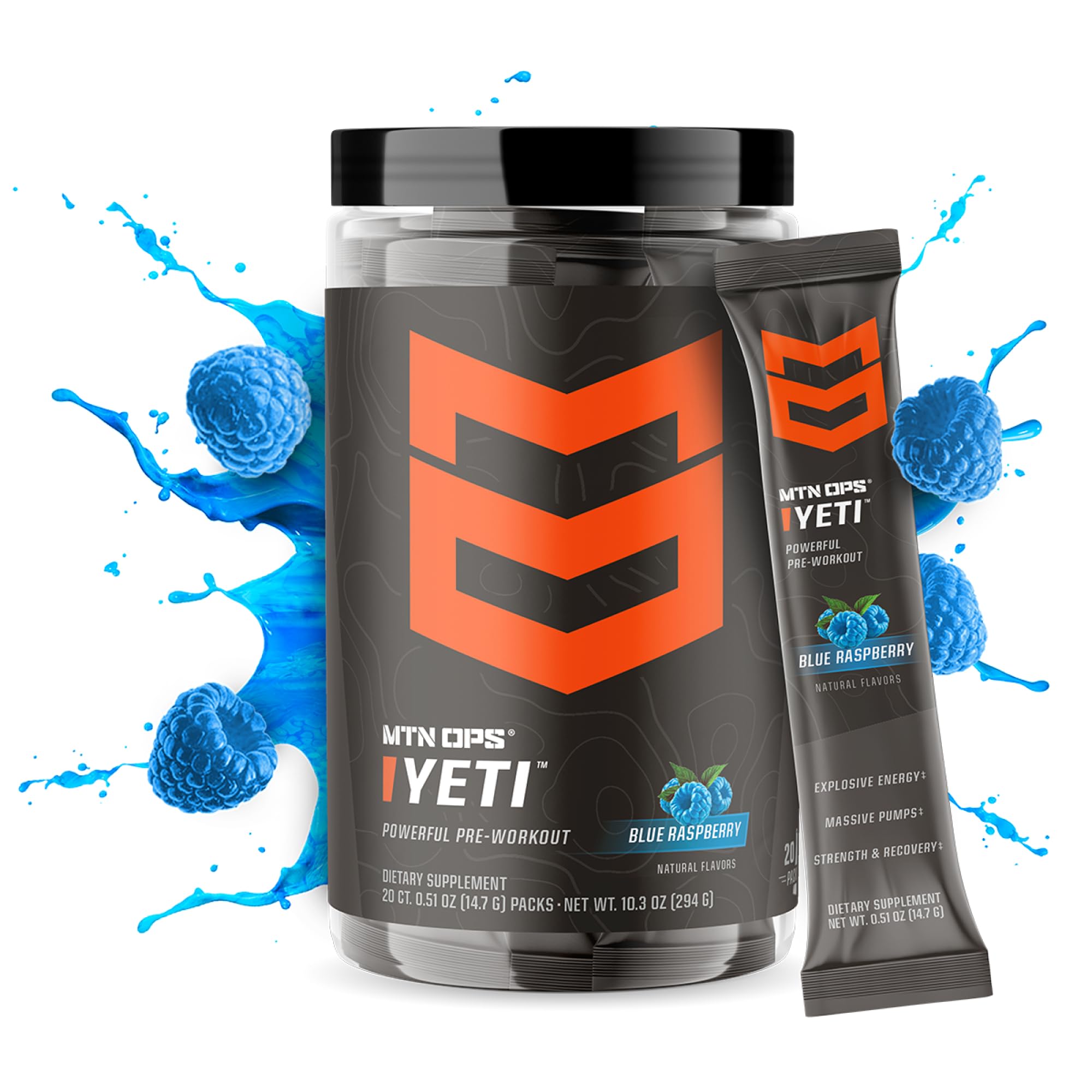 MTN OPS Yeti blue raspberry scoop shows convenient, precise serving for workouts.
