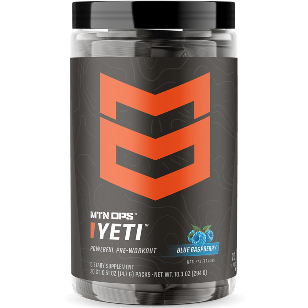 MTN OPS Yeti blue raspberry serving packet for quick pre-workout energy.