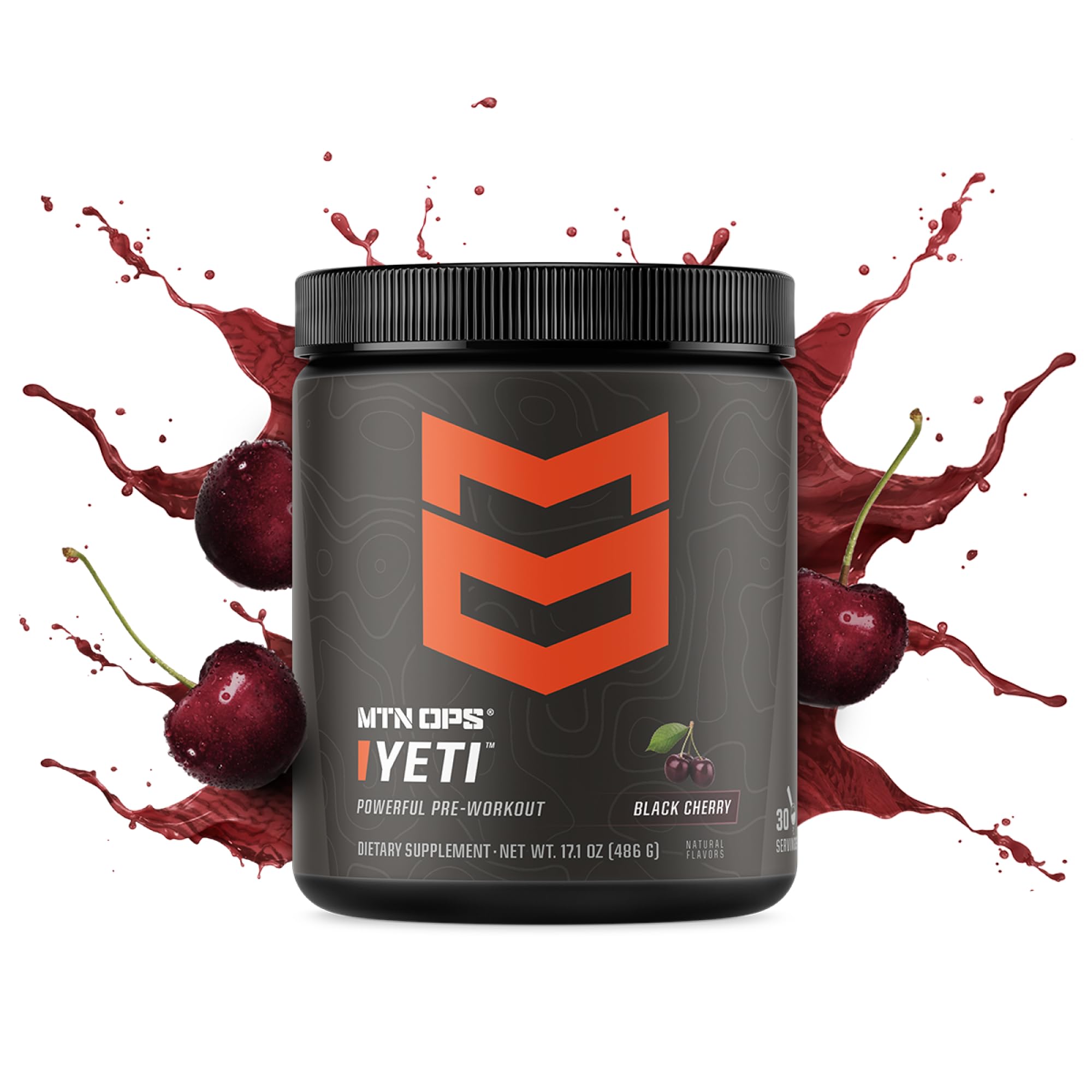 MTN OPS YETI tub open with spoon for quick pre-workout scoops.
