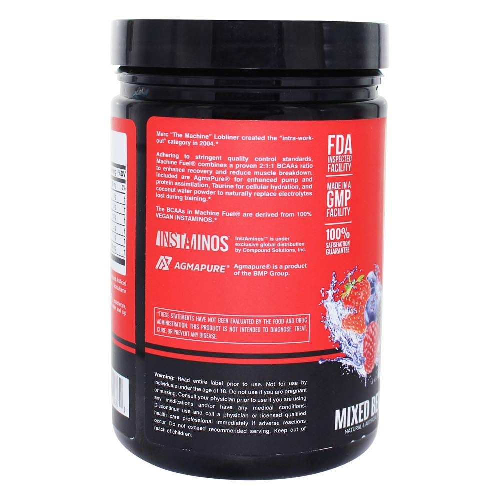 Close-up of the MTS Machine Fuel label highlighting vegan amino acids