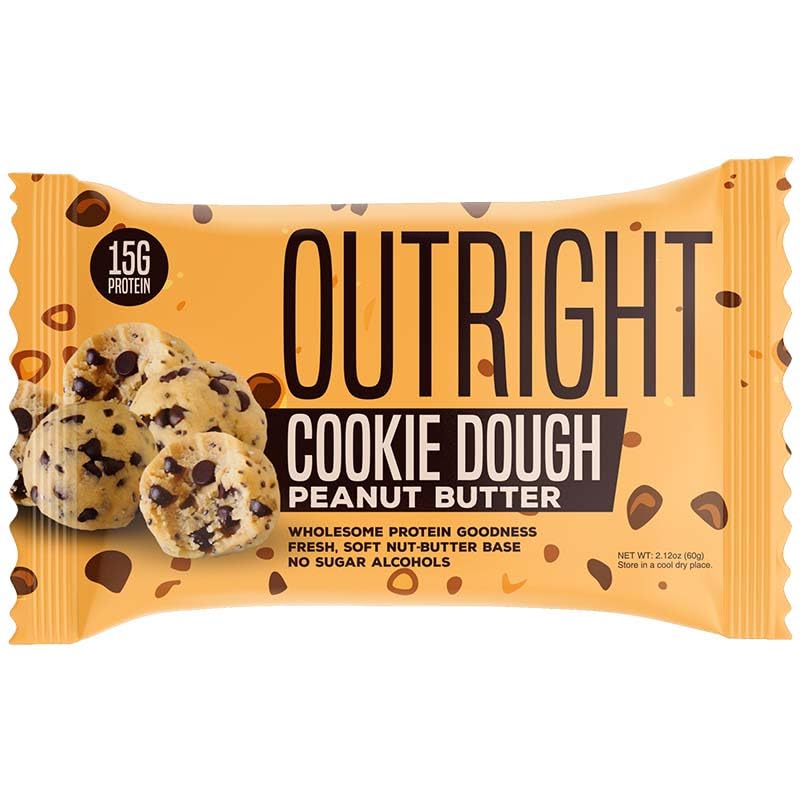 MTS Outright Bar close-up reveals cookie dough chips and creamy peanut butter texture