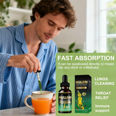 Mualgafy Mullein Drops highlights mullein leaf extract for lung health.