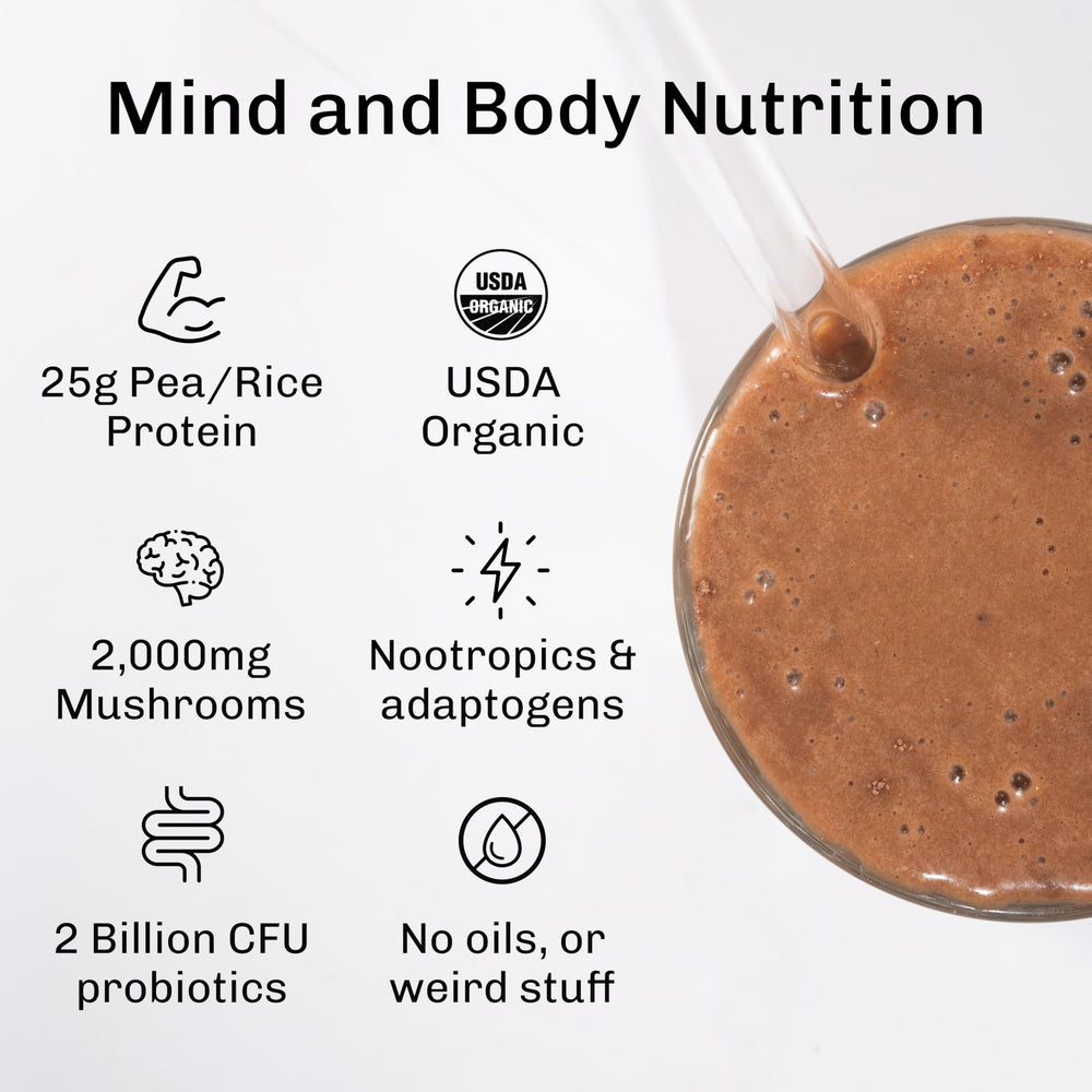 MUDWTR Nourish scoop beside chocolate protein powder showing 25g protein per serving.