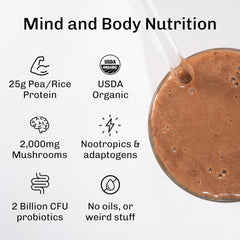 MUDWTR Nourish scoop beside chocolate protein powder showing 25g protein per serving.