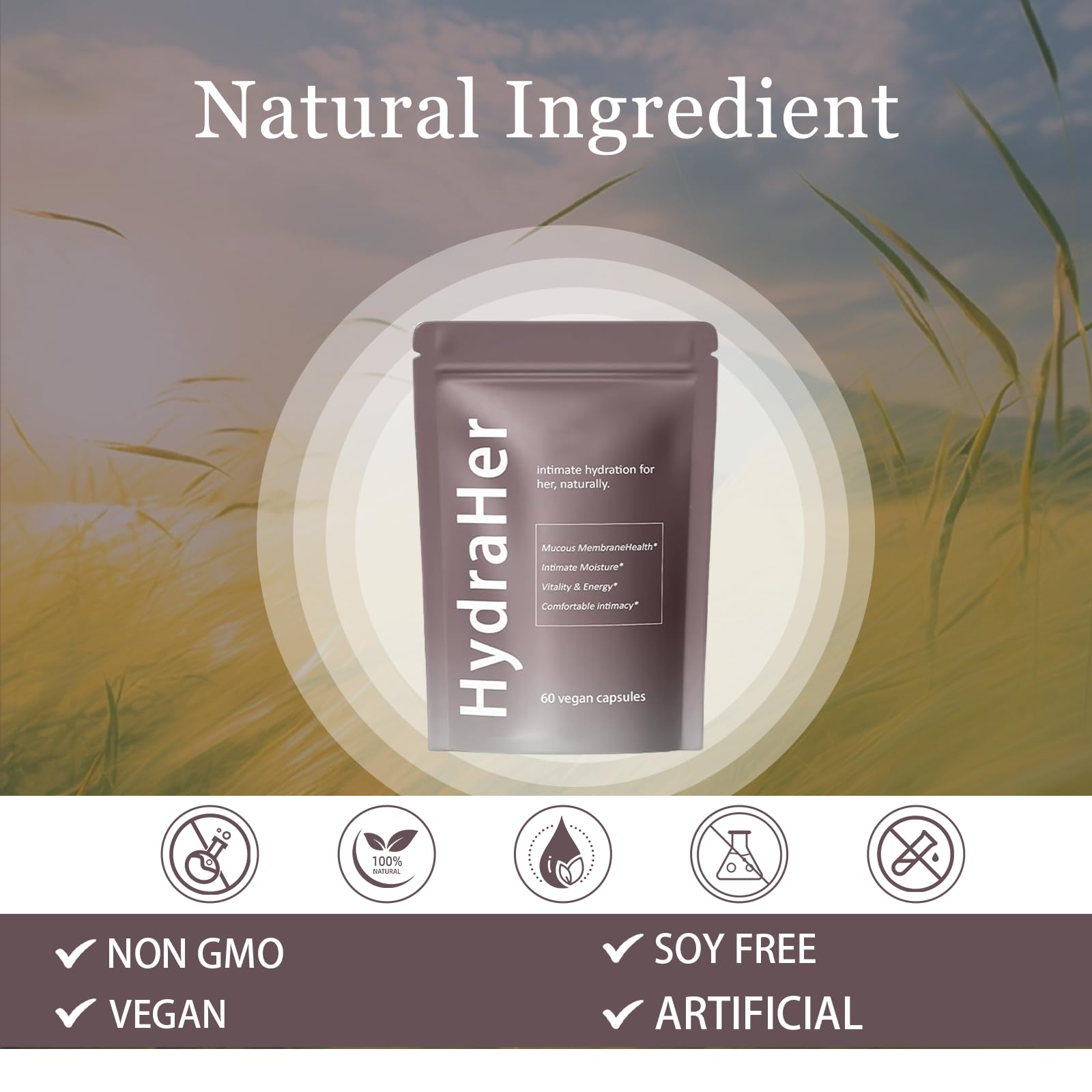 Natural ingredients Slippery Elm and Maca in HydraHer formula