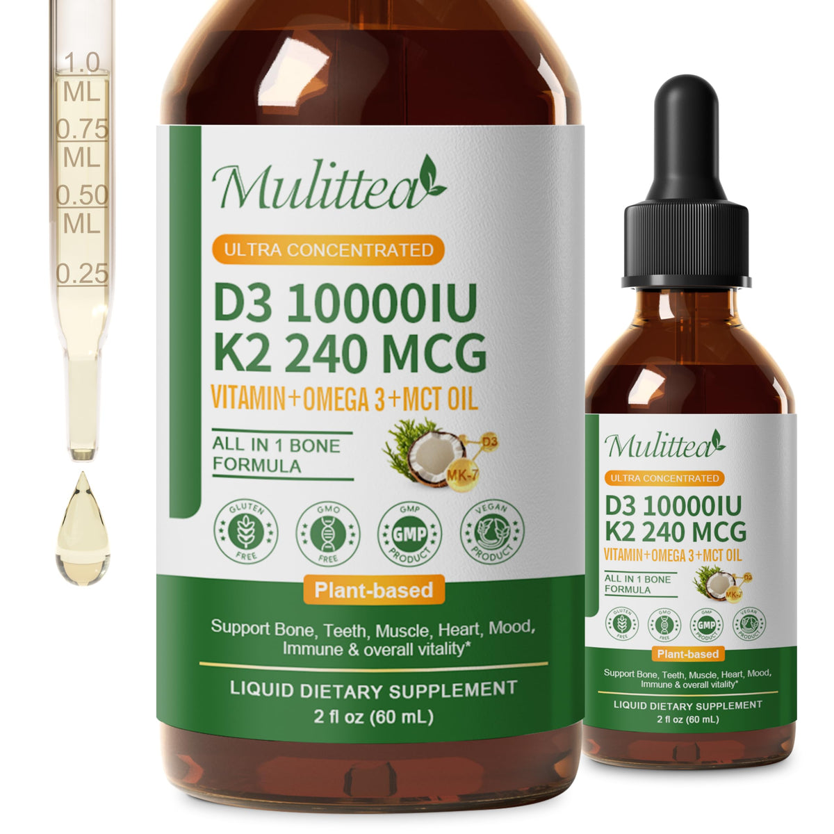 Mulittea D3 K2 liquid bottle for easy dosing and potential bone support.