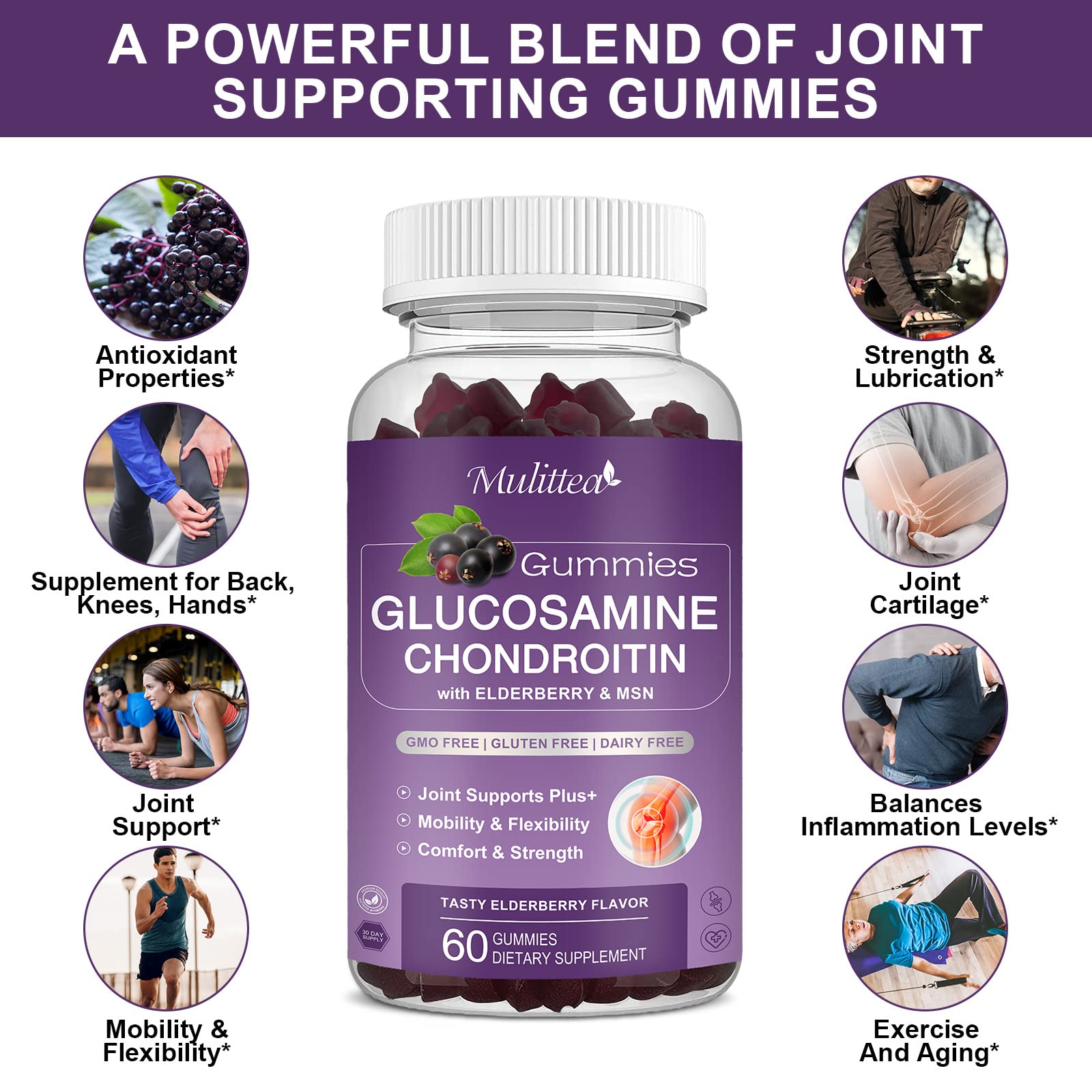 Mulittea elderberry berries emphasize antioxidant support in gummies.