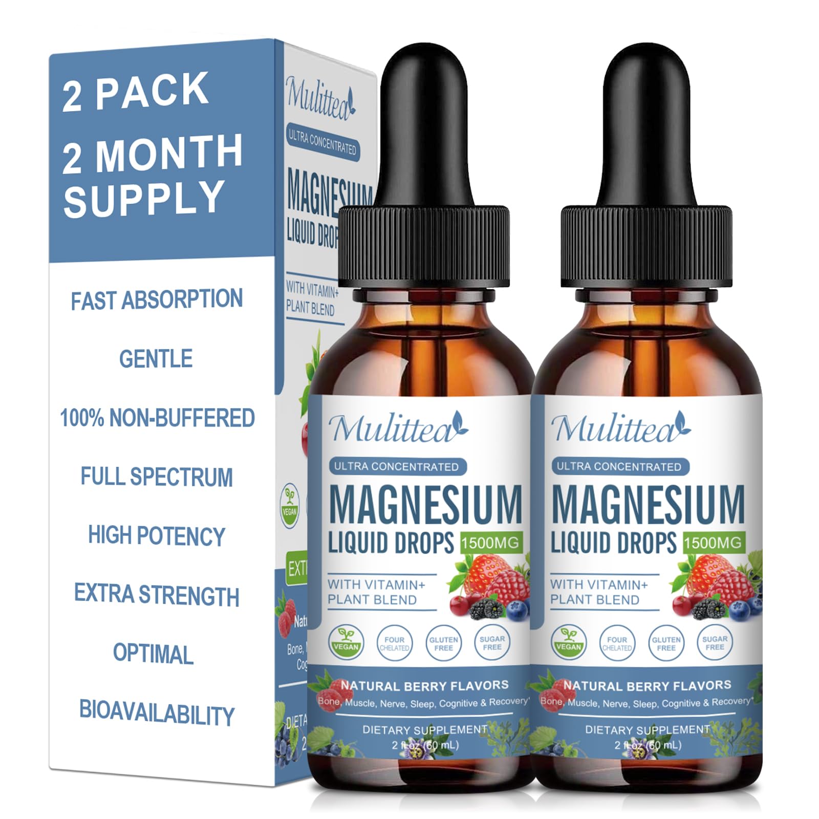 Mulittea Magnesium Glycinate Liquid Drop bottle front view with triple absorption