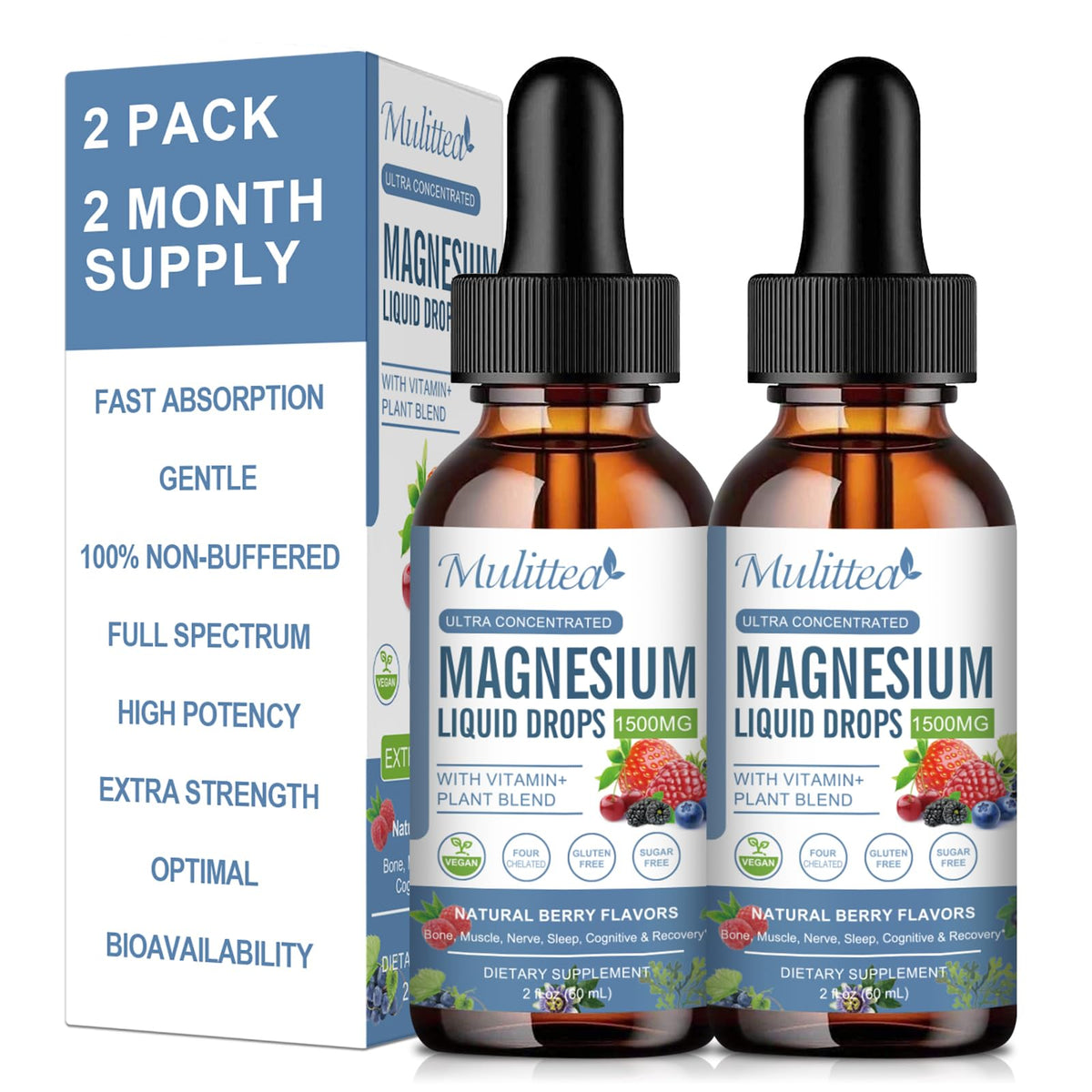 Mulittea Magnesium Glycinate Liquid Drop bottle front view with triple absorption