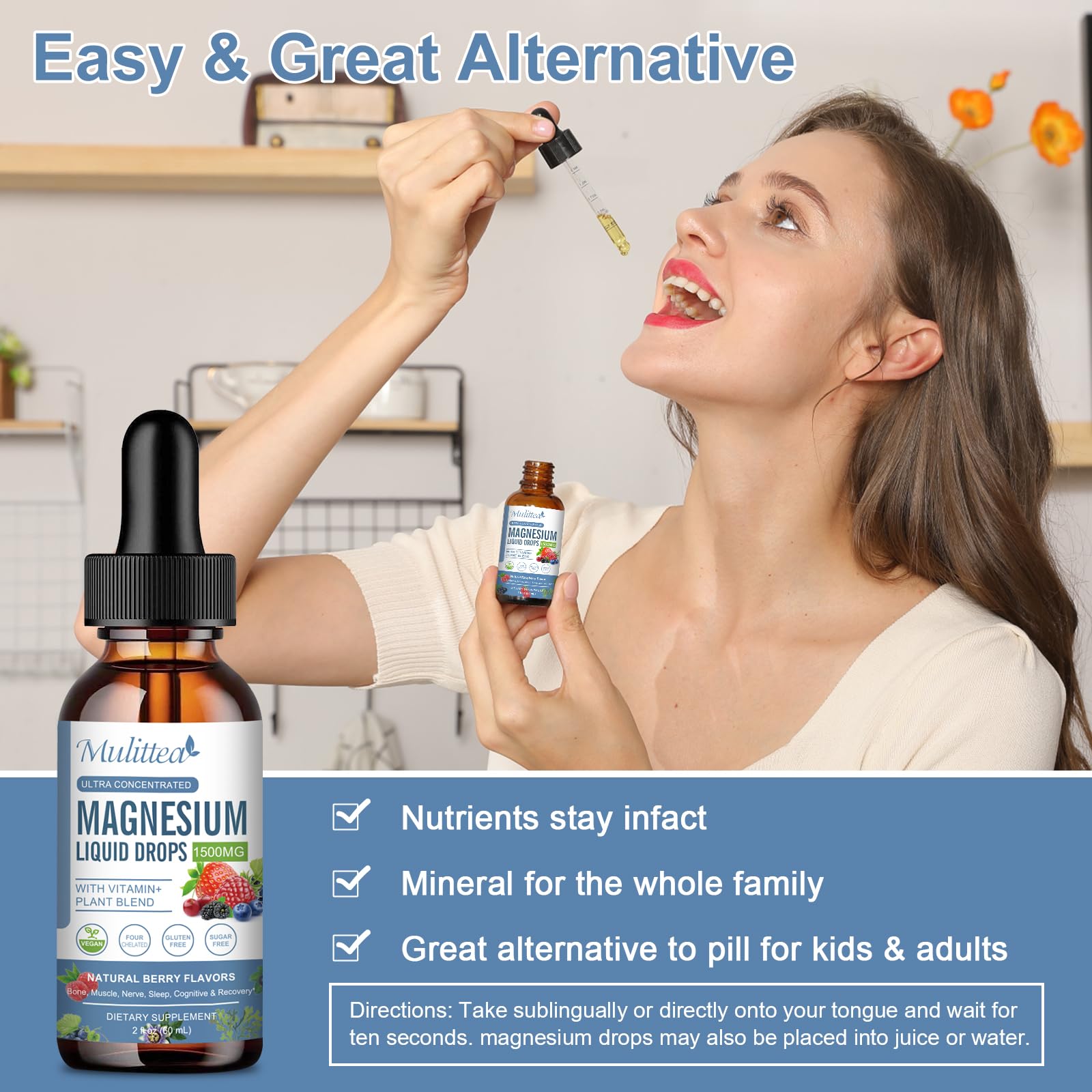 Mulittea packaging emphasizes vegan-friendly magnesium blend and vitamin support