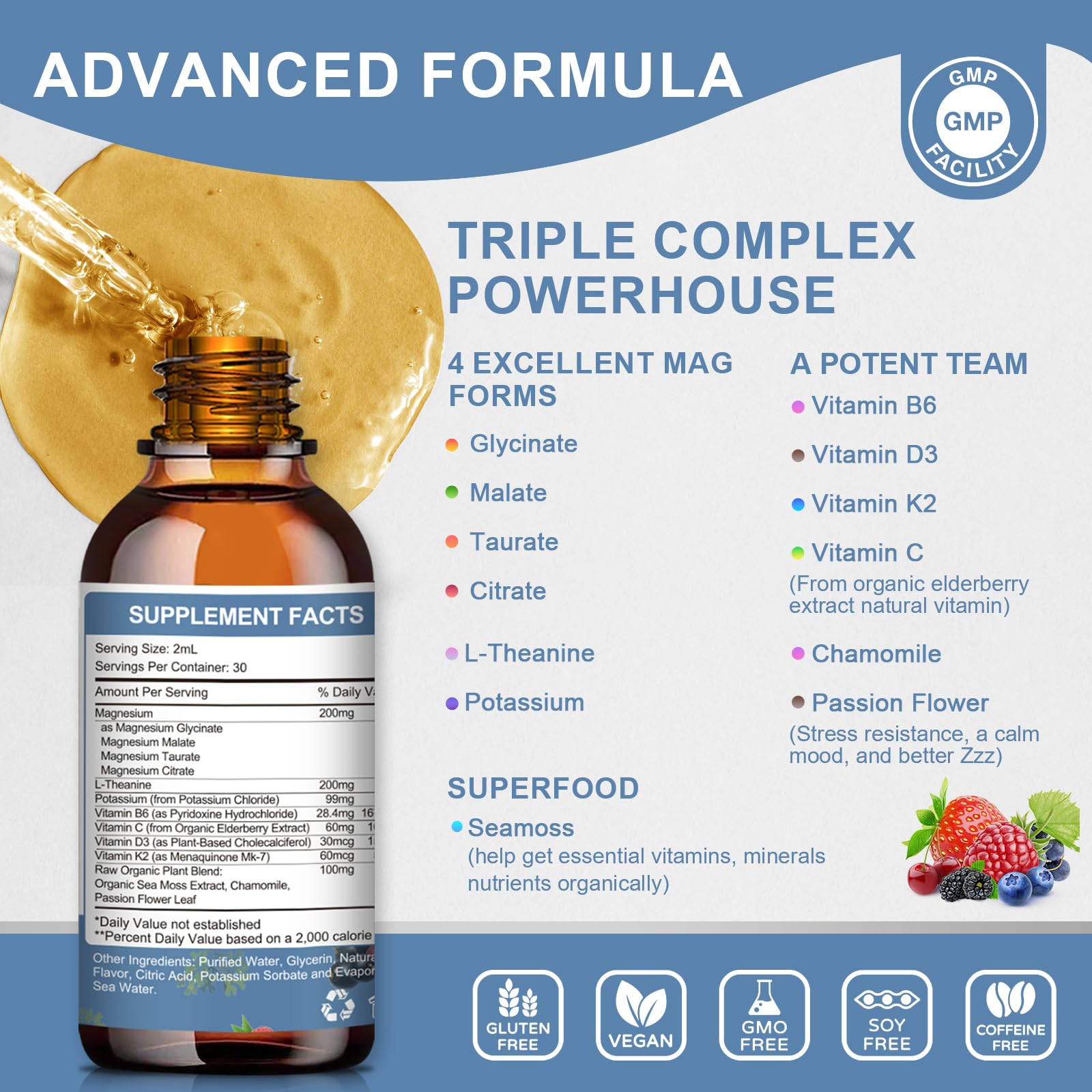 Mulittea magnesium glycinate liquid drop pour shows easy on-the-go dosing for calm