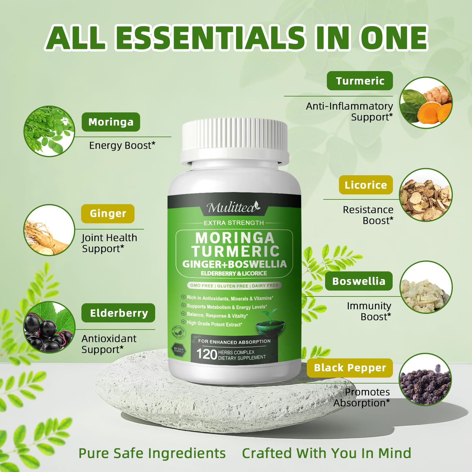 Mulittea moringa capsules bottle closeup highlighting natural ingredients.