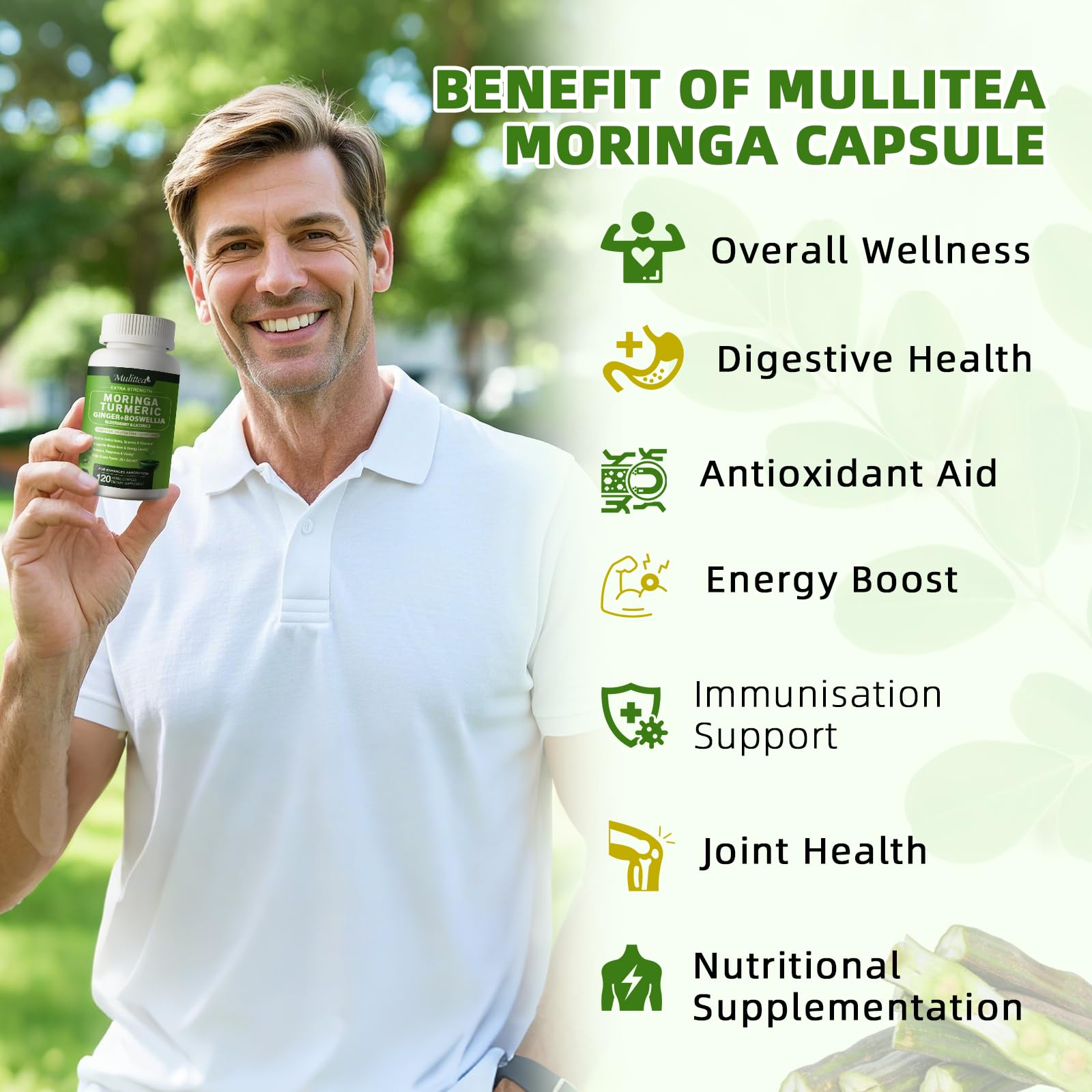 Mulittea Moringa capsules ingredients label detailing turmeric, ginger and elderberry blend.