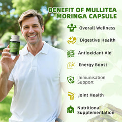 Mulittea Moringa capsules ingredients label detailing turmeric, ginger and elderberry blend.
