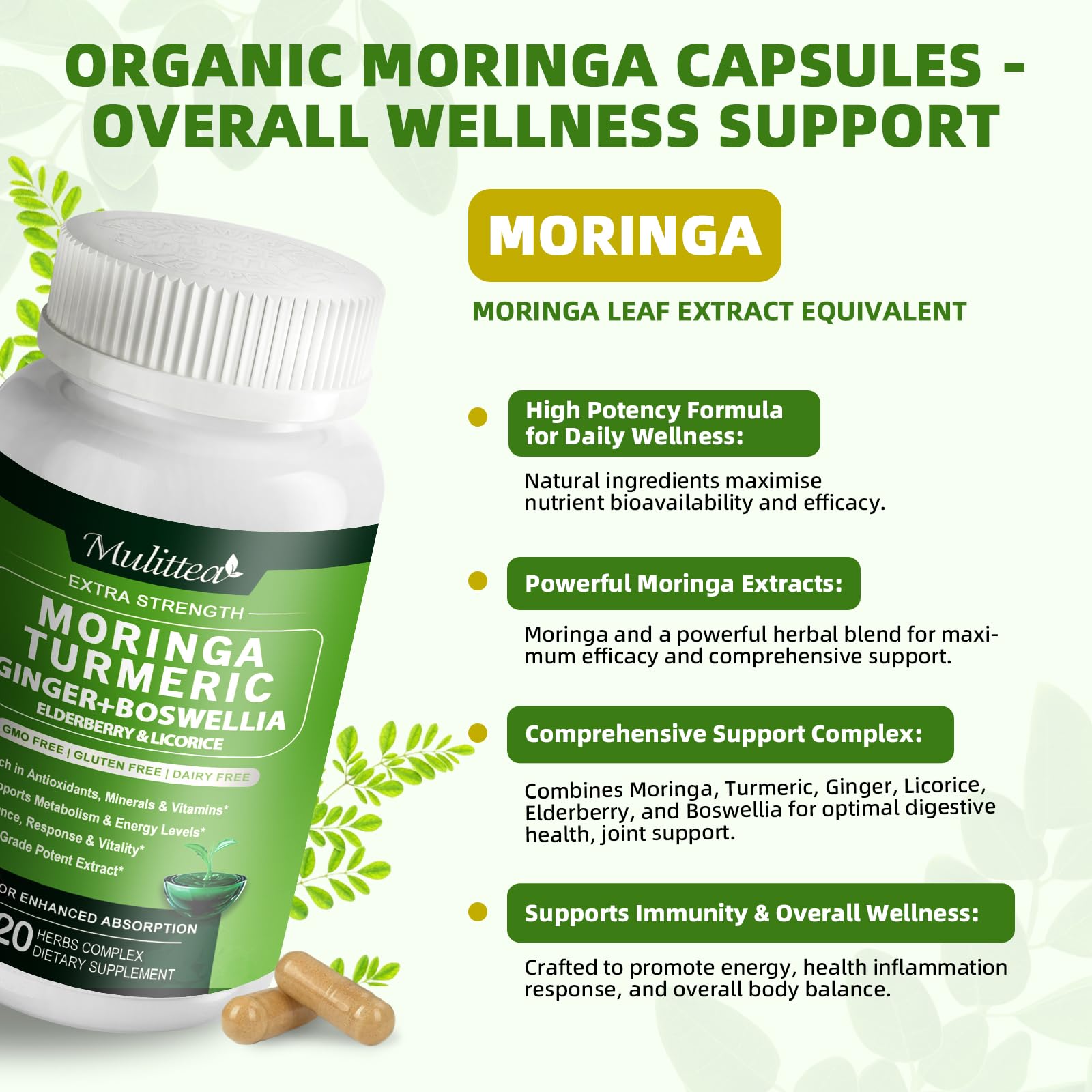 Mulittea moringa capsules label detail with clean, vegan formulation.