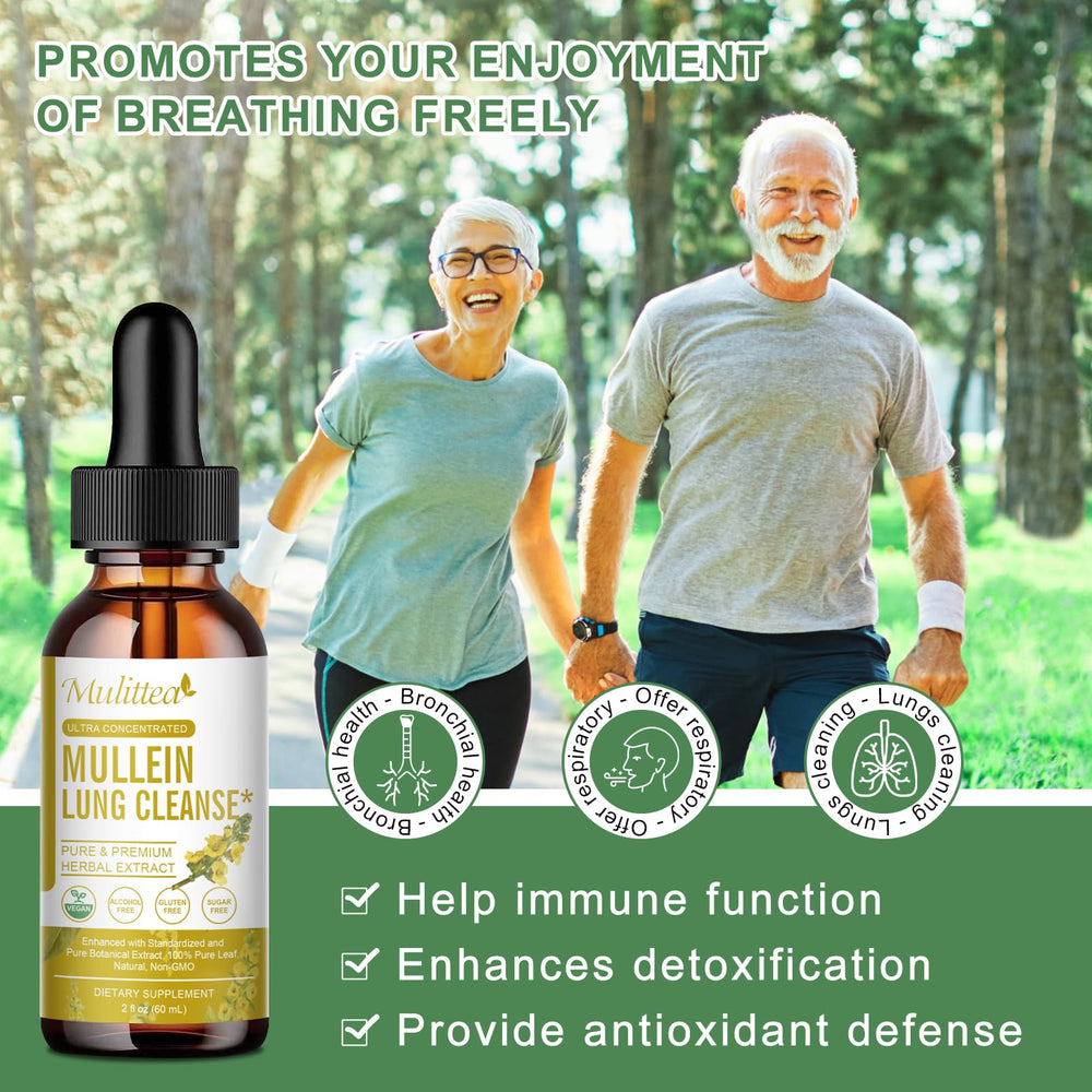 Mulittea Mullein Drops ingredients blend supports bronchial comfort and mucus management.