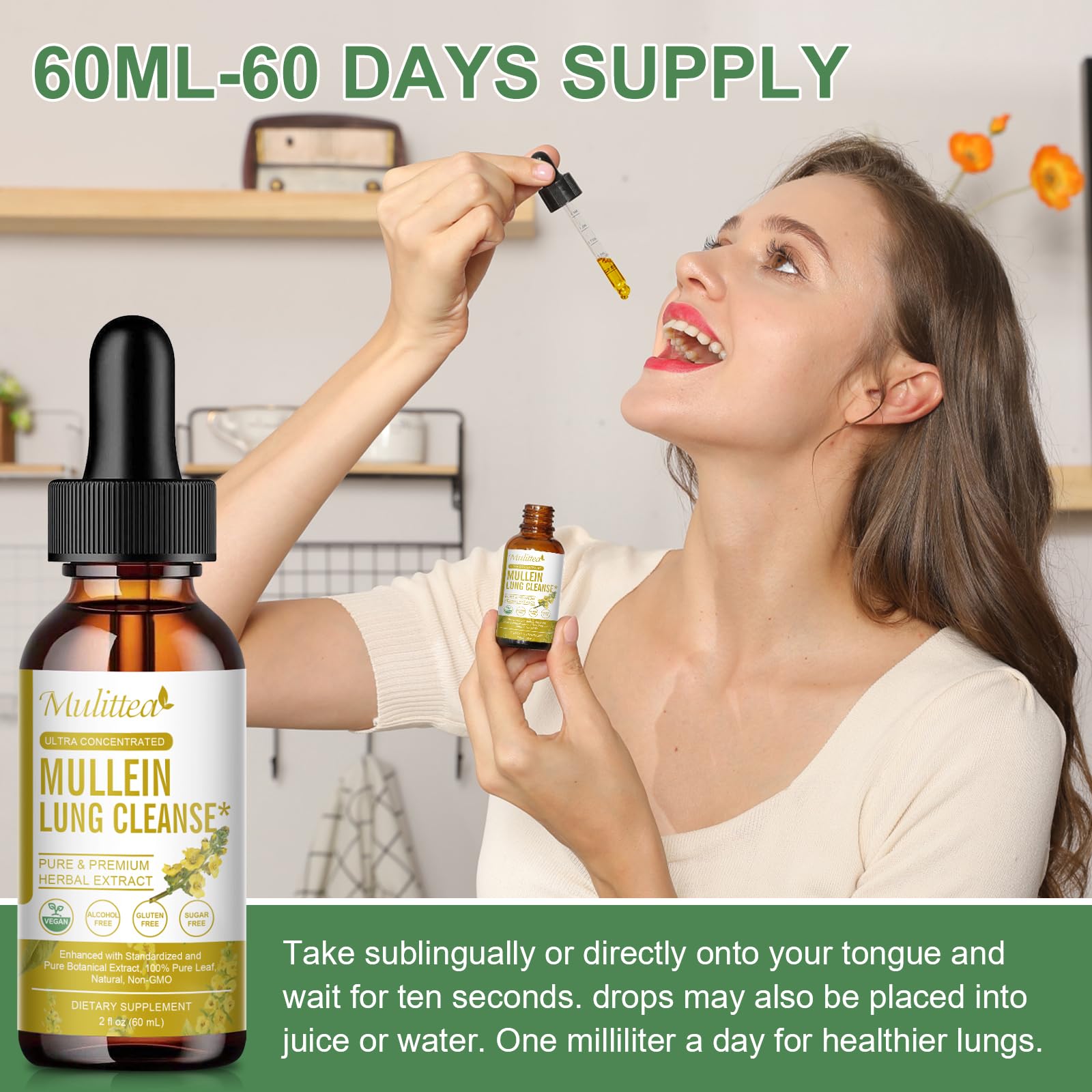 Mulittea Mullein Drops in glass ready for a soothing daily routine.