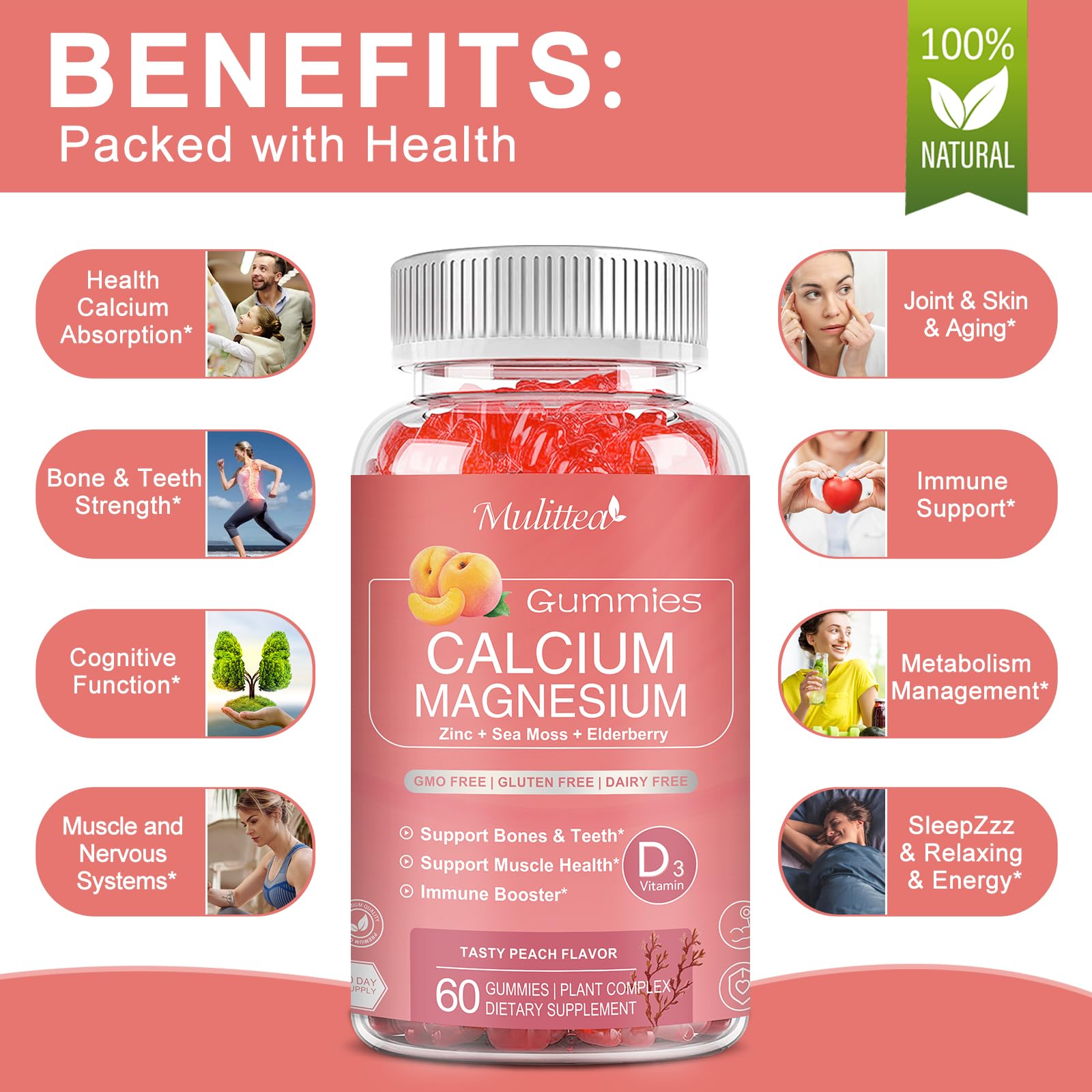 Mulittea Plan Calcium Gummies ingredients include sea moss and elder.