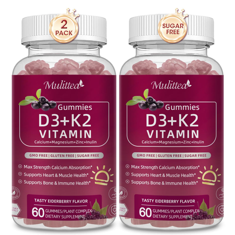 Mulittea Vitamin D3 K2 bottle front showing bone-support formula in vegan gummies