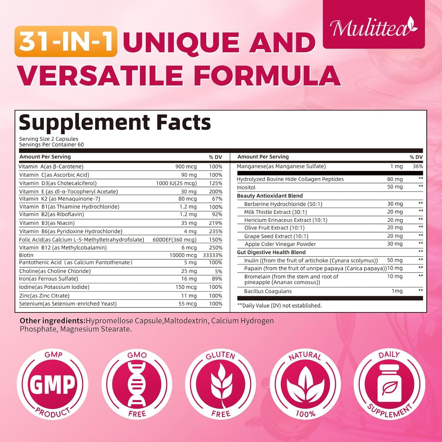 Mulittea Women’s Multivitamin capsules closeup showing soft gel capsules for daily use.