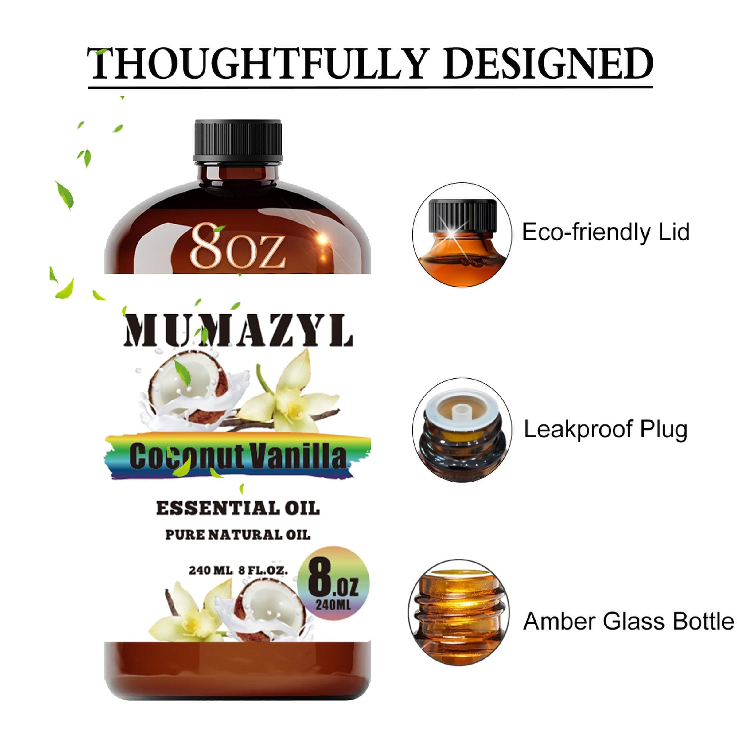 MUMAZYL Coconut Vanilla oil diffuse-ready bottle, a fragrant start for spa-like spaces.