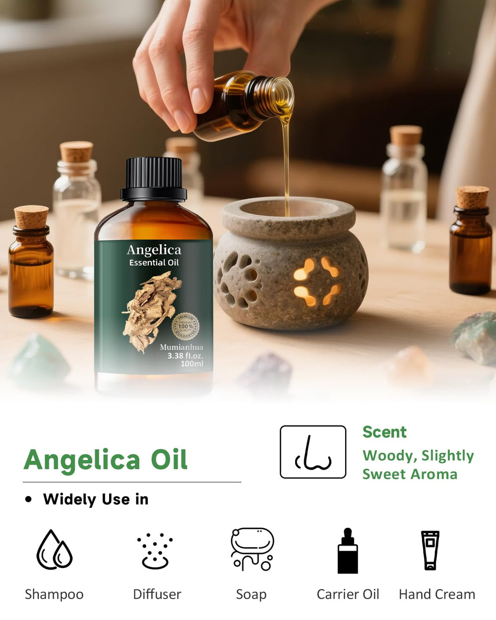 Mumianhua Angelica Root Oil infused candle for warm herbal notes
