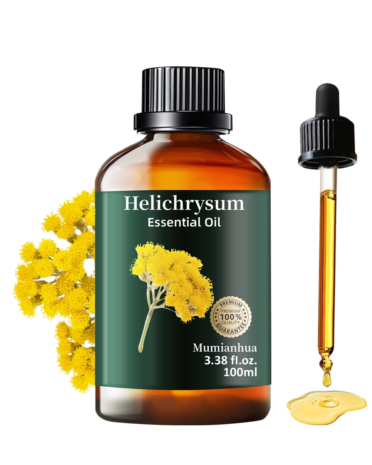 Mumianhua Helichrysum bottle pour highlights a pure essential oil for DIY blends and diffusion